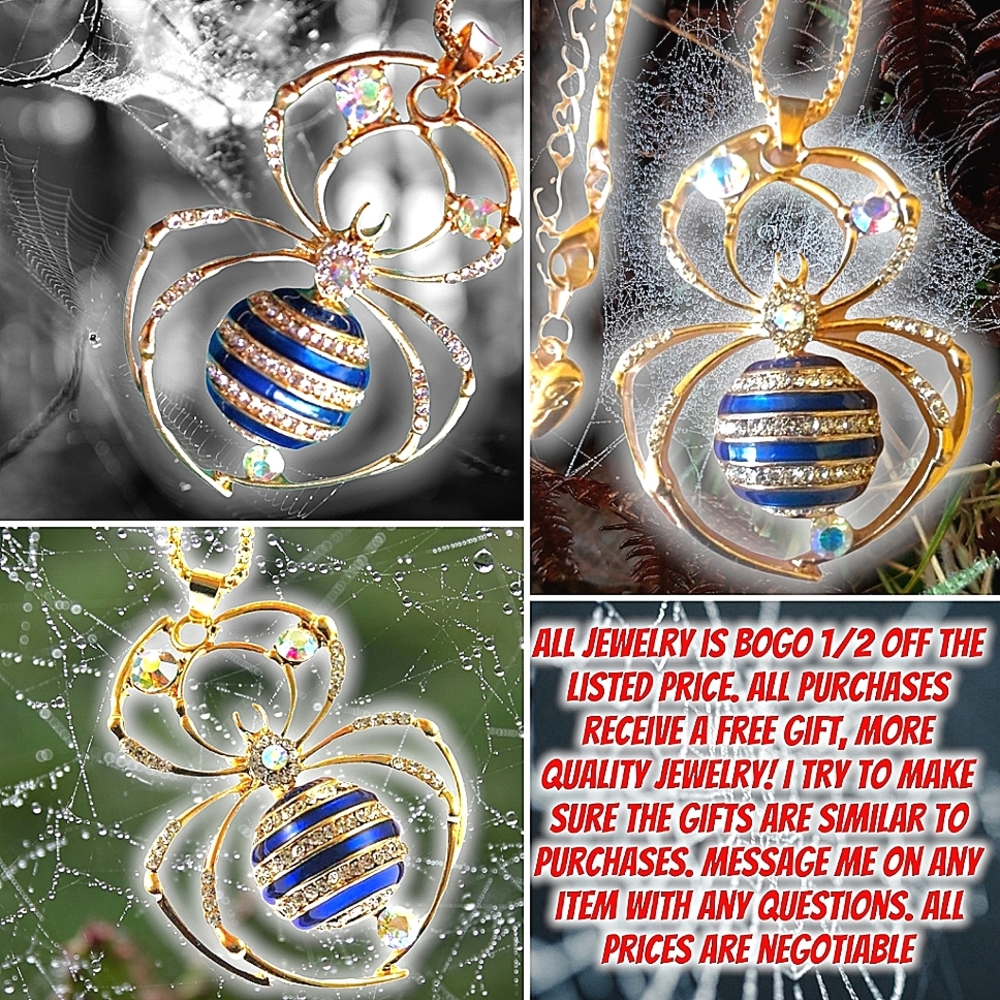 Gold plated blue and white crystal spider necklace